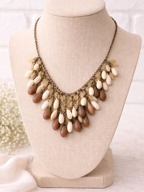 New York & Company Neutral Teardrop Fringe Statement Necklace Boho Festival
